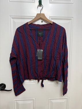 Rails Burgundy and Navy Striped Tie-Front Button-Down Top
